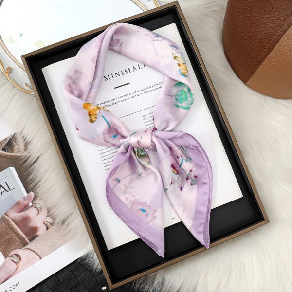 Lotus & Butterfly Print Silk Scarf - Pastel Satin, Square Styles, Premium Look