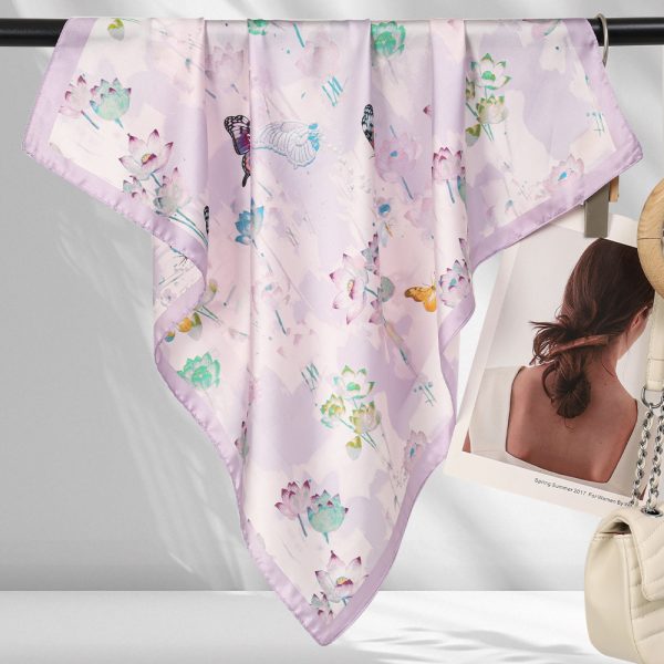 Lotus & Butterfly Print Silk Scarf - Pastel Satin, Square Styles, Premium Look - Görüntü 4