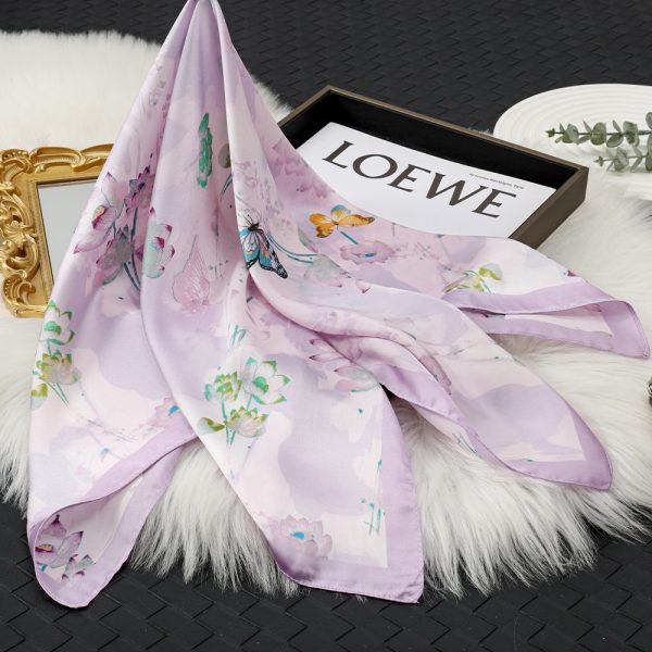 Lotus & Butterfly Print Silk Scarf - Pastel Satin, Square Styles, Premium Look - Görüntü 3