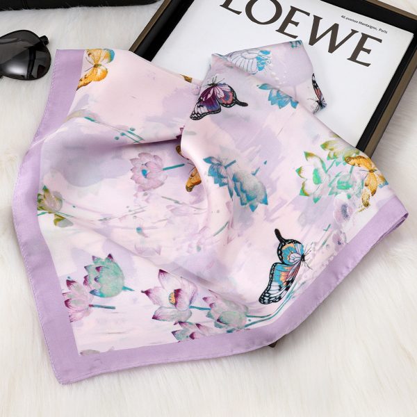 Lotus & Butterfly Print Silk Scarf - Pastel Satin, Square Styles, Premium Look - Görüntü 2