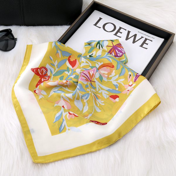New Spring Floral Print Yellow Silk Scarf - 70cm Satiny Square, Stylish Premium Neck & Head Wrap - 이미지 3