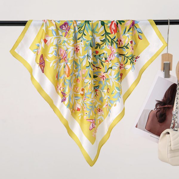 New Spring Floral Print Yellow Silk Scarf - 70cm Satiny Square, Stylish Premium Neck & Head Wrap - 이미지 4