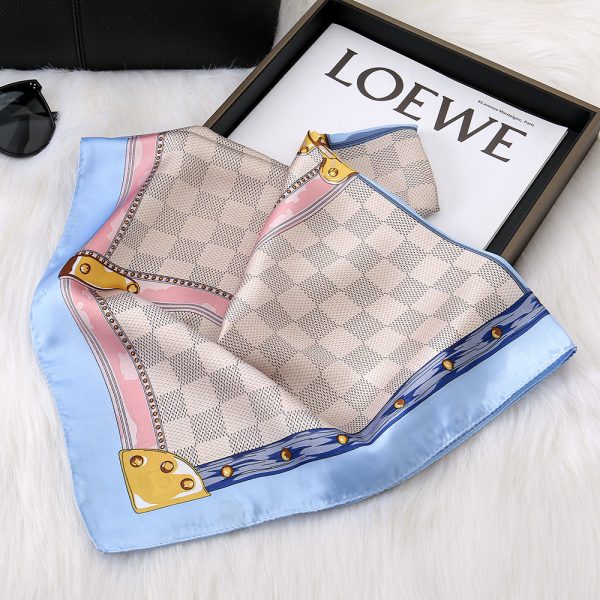 Spring Autumn Two-Tone Checkered Silk Scarf - Lightweight Premium 70cm Neck Wrap for Women - 이미지 3