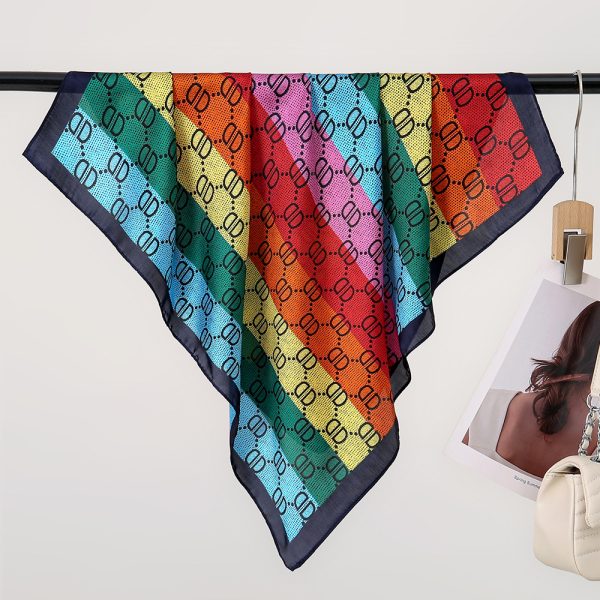 Rainbow Printed 70cm Silk Scarf for Women - Fashionable Summer Shawl Square with Sun Protection - Kuva 4