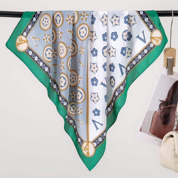 Geometric Pattern Square Silk Scarf for Women - 70cm Green Striped Head Hair Shawl Wrap - Kép 4